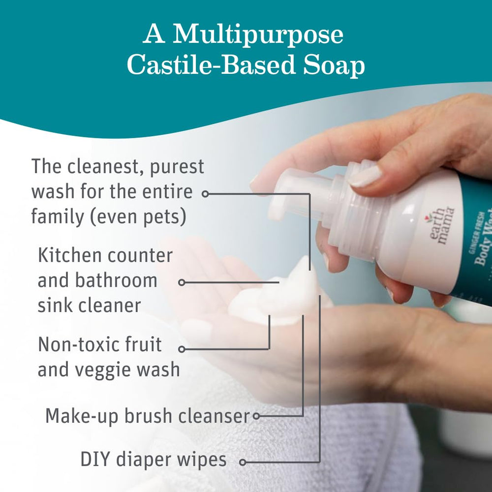 Earth Mama Ginger Fresh foaming soap close-up highlights gentle, fragrance-free formula.