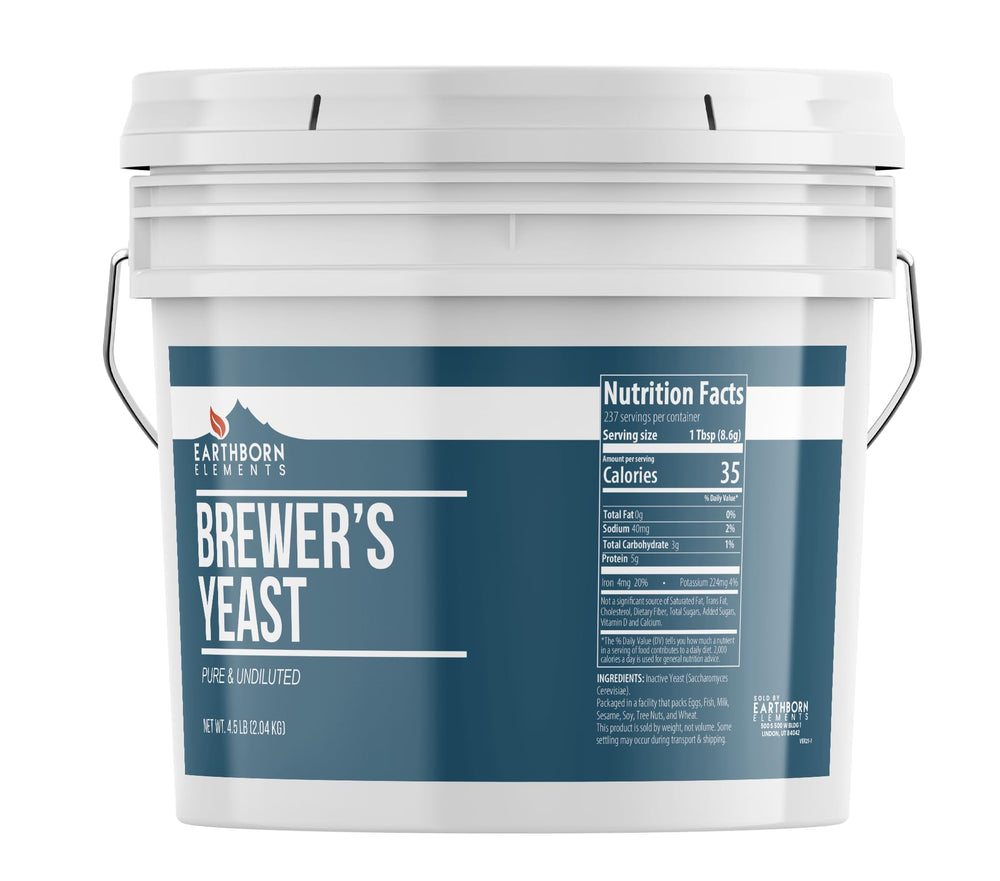 Earthborn Elements Brewer’s Yeast bucket closeup showing resealable packaging for easy storage.