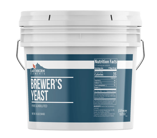 Earthborn Elements Brewer’s Yeast bucket closeup showing resealable packaging for easy storage.
