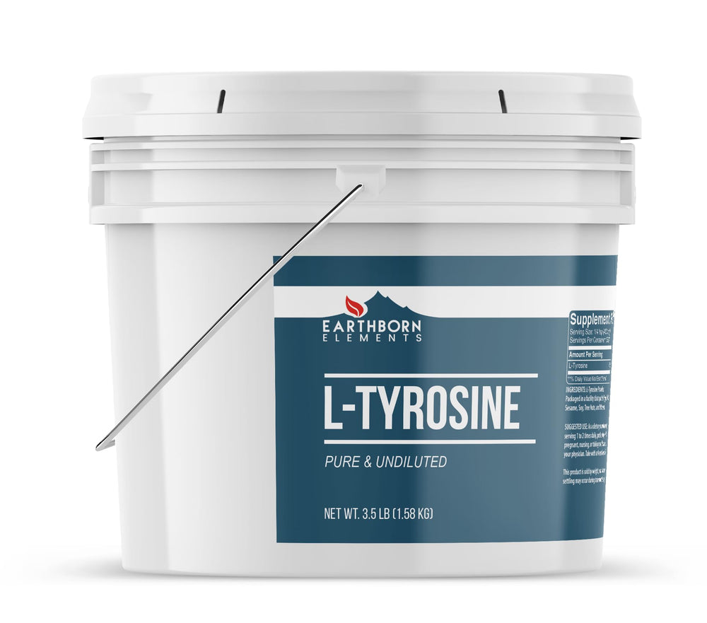 Earthborn Elements L-Tyrosine powder bucket seal close-up showing secure packaging for freshness.