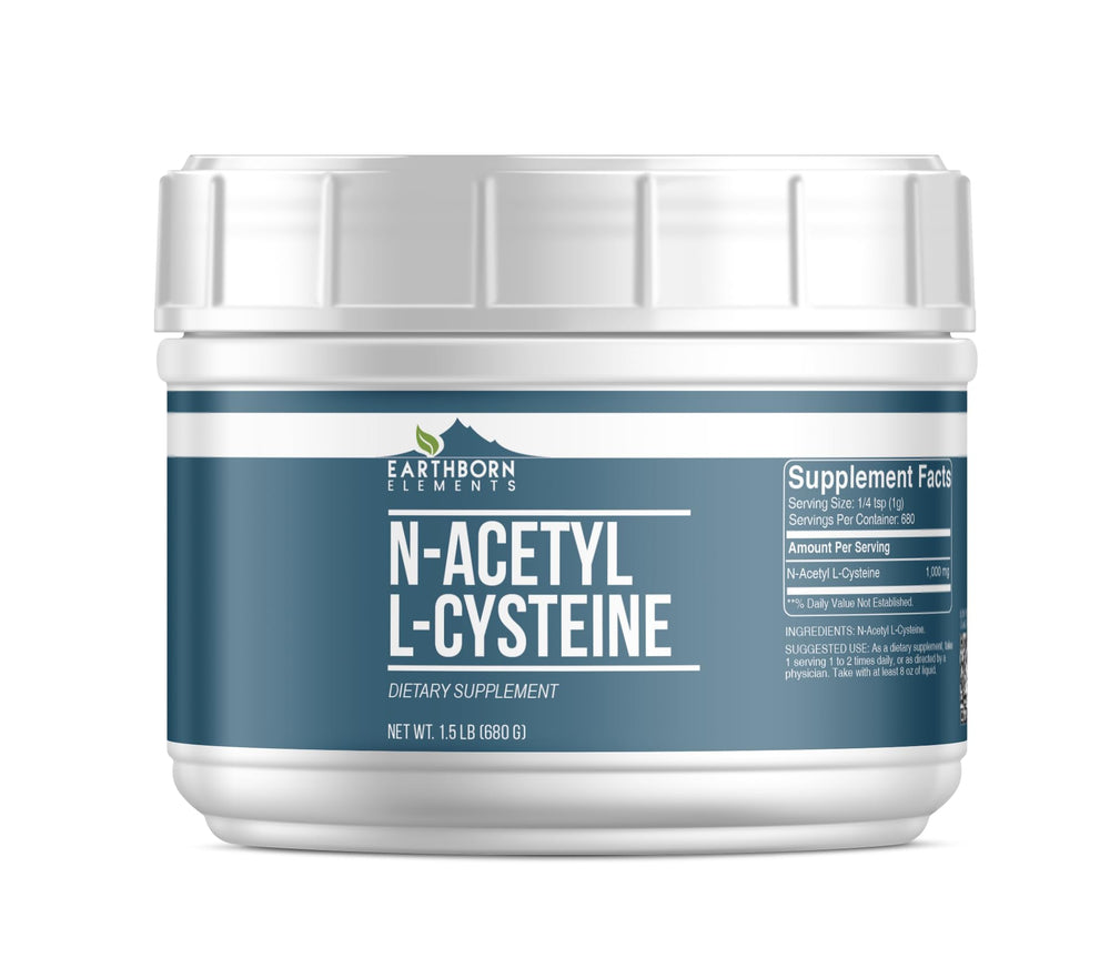 Earthborn Elements NAC powder tub front view, pure supplement for daily wellness.