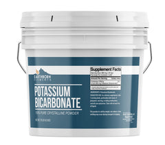Earthborn Elements potassium bicarbonate powder in resealable bucket for easy storage.