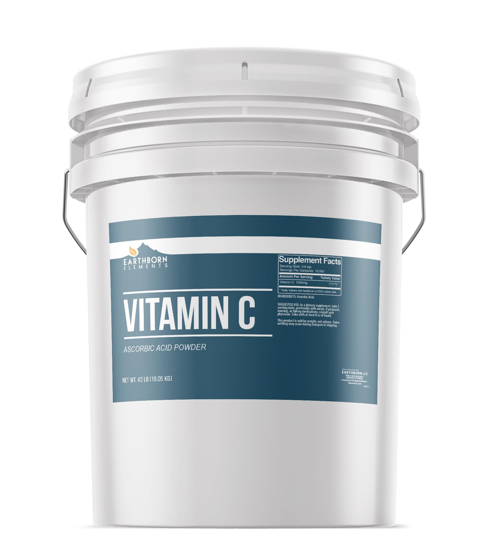 Earthborn Elements Vitamin C powder bucket closeup showing resealable packaging for freshness