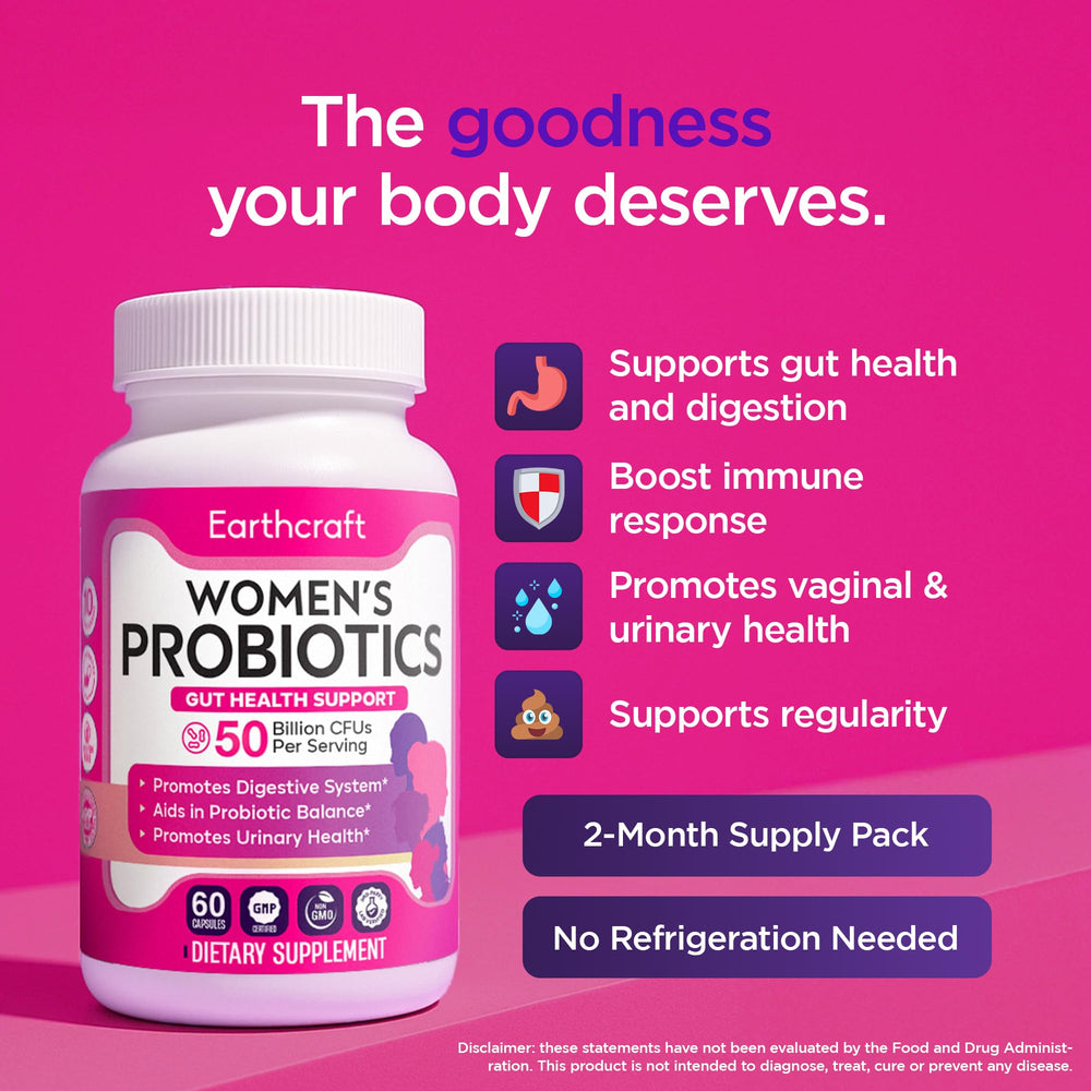 Earthcraft Women's Probiotics 10 Strains label highlighting diverse gut support.