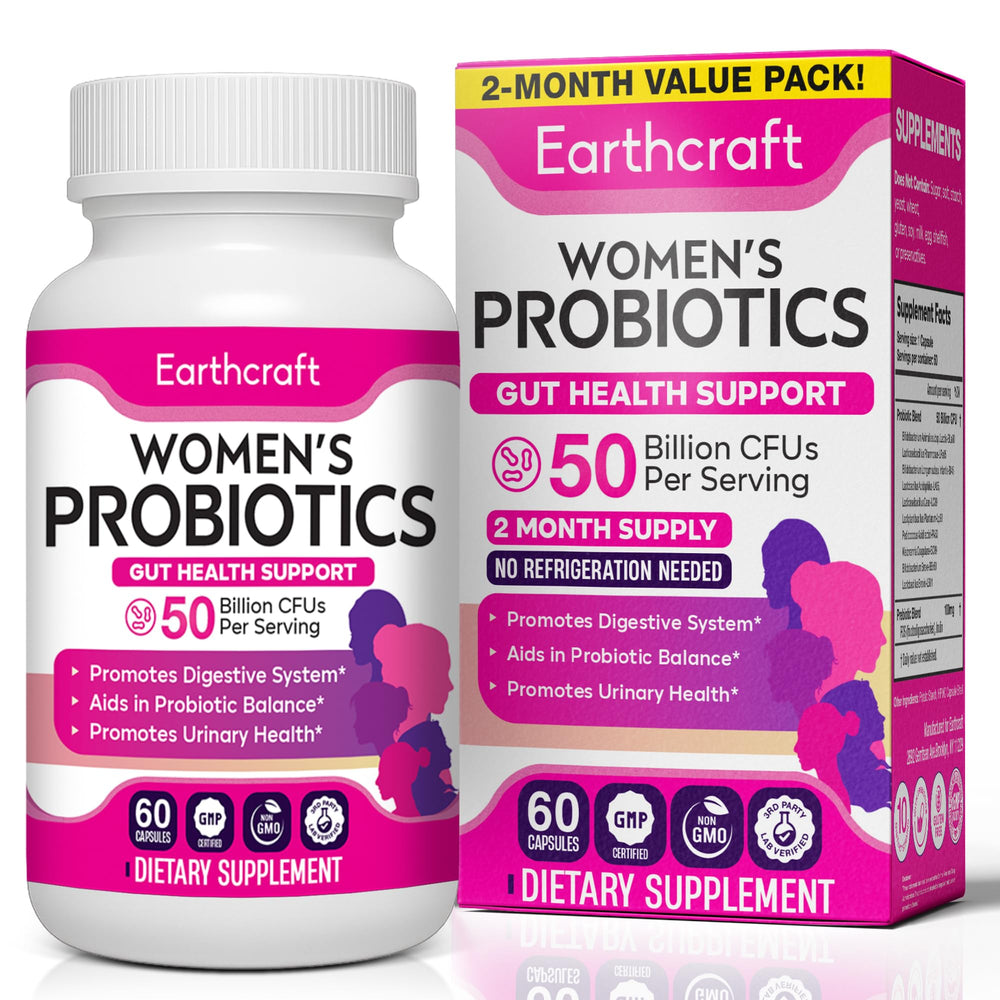 Earthcraft Women's Probiotics 50B CFU bottle with capsules promoting digestive balance.