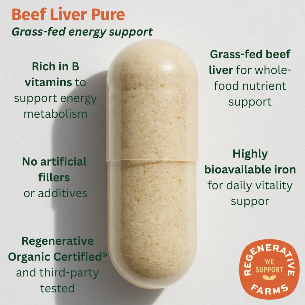 EarthFirst Organic Beef Liver Pure label highlighting regenerative organic sourcing and nutrient-rich profile