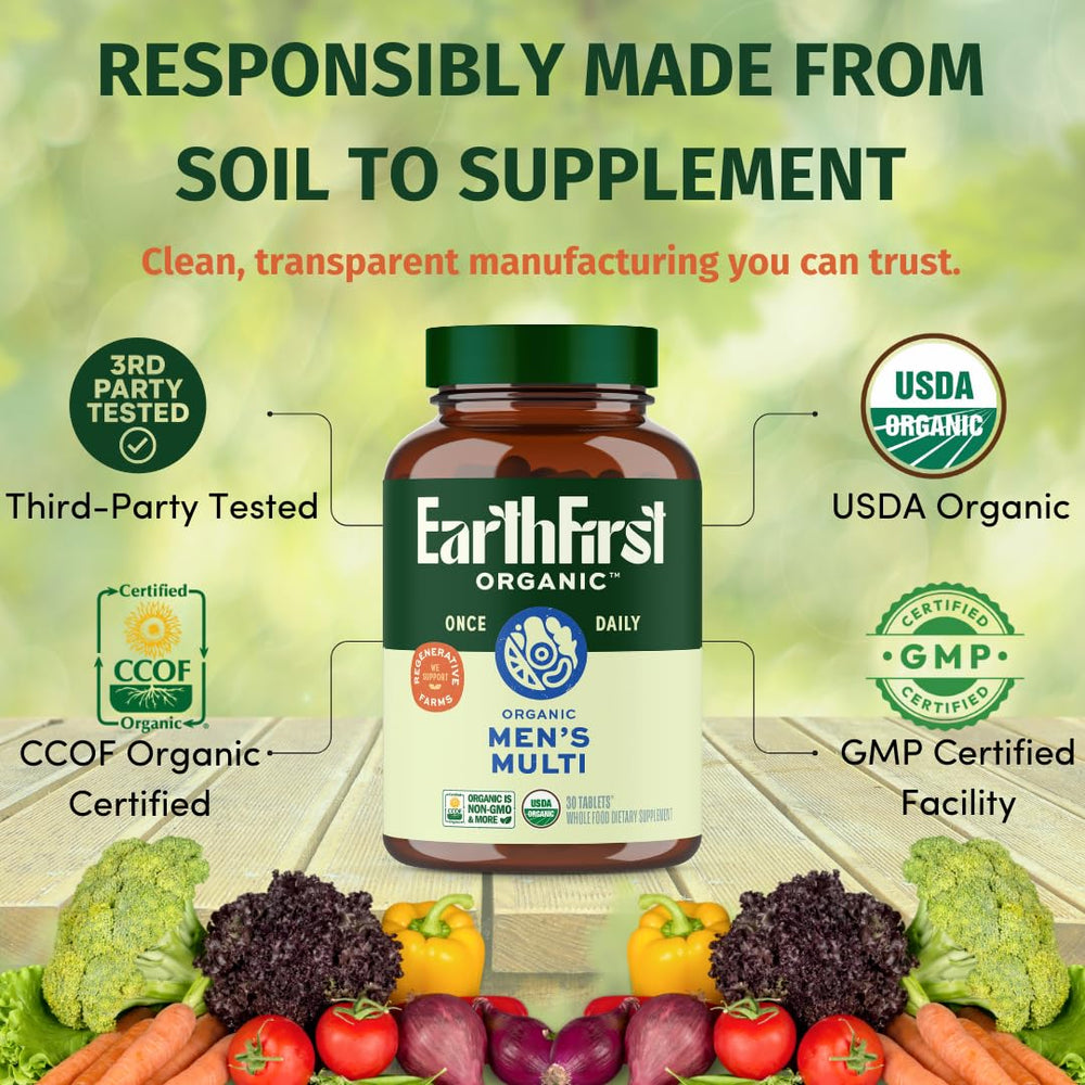 EarthFirst Organic Men's Multi organic ingredients chart close-up, hinting at plant-based nutrition