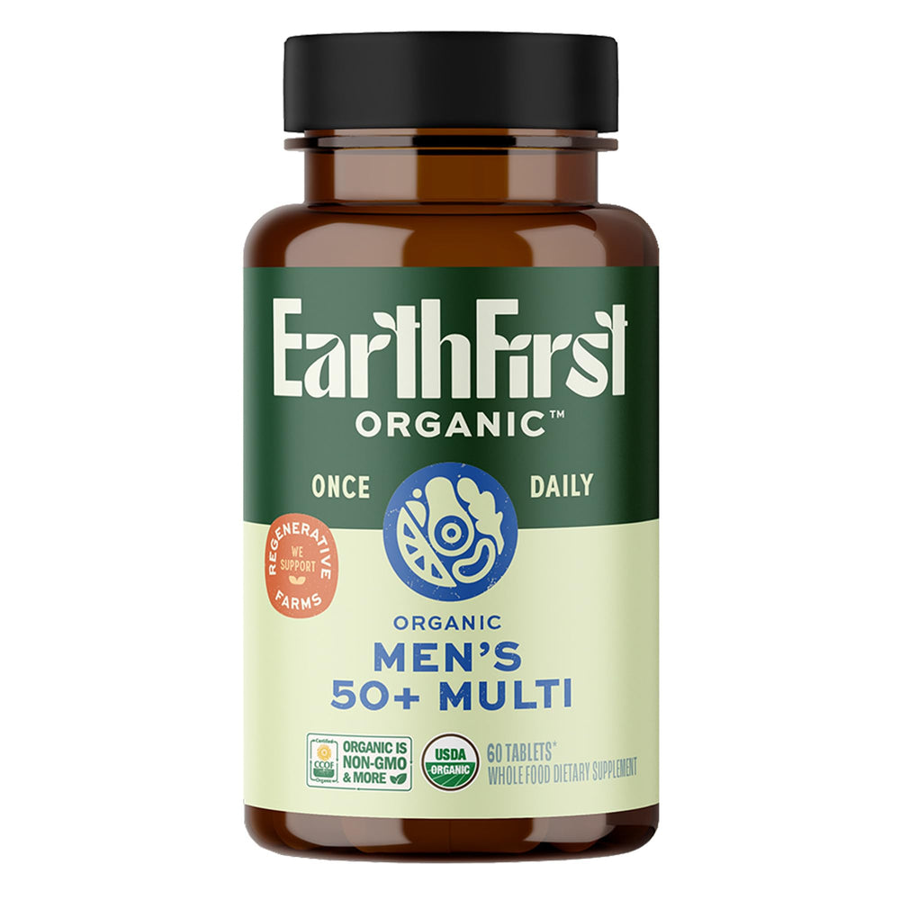 EarthFirst Organic Once Daily Multivitamin being poured; demonstrates convenient once-daily dosing.