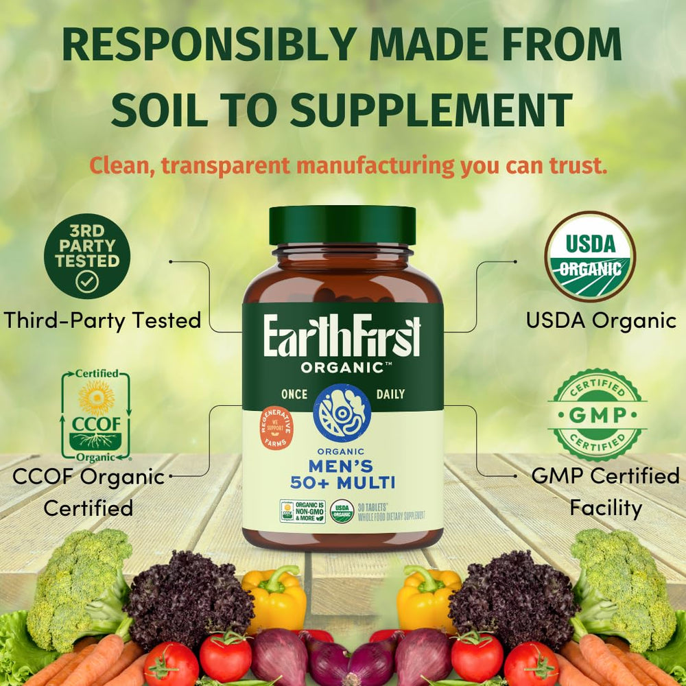 EarthFirst Organic packaging box beside bottle; showcases third-party certifications.