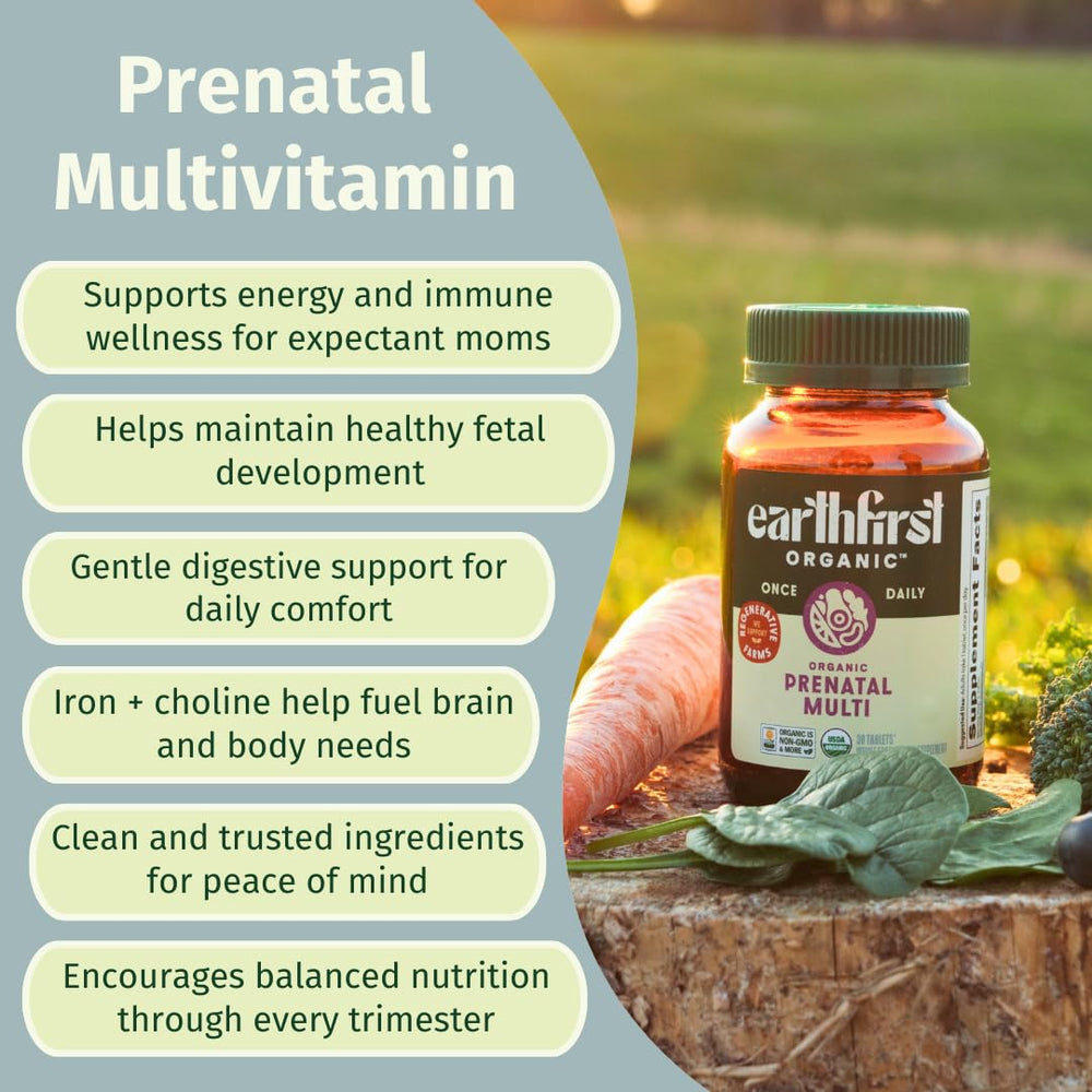 EarthFirst Organic Prenatal bottle label communicates organic and vegan certification for transparency