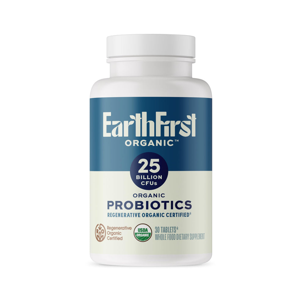 EarthFirst Organic Probiotic bottle pour with 25B CFU supports daily gut balance.