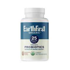 EarthFirst Organic Probiotic bottle pour with 25B CFU supports daily gut balance.