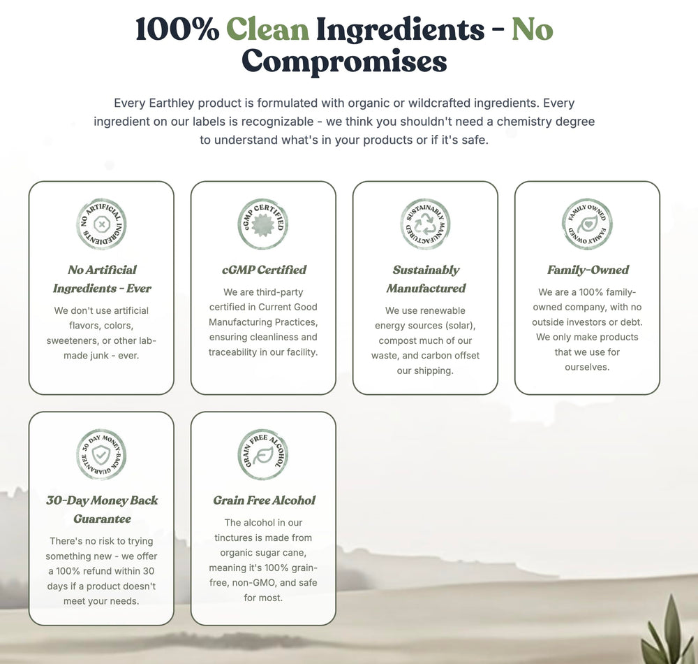 Earthley Wellness Feel Better Fast organic-ingredients sign highlights clean label and trusted sourcing.