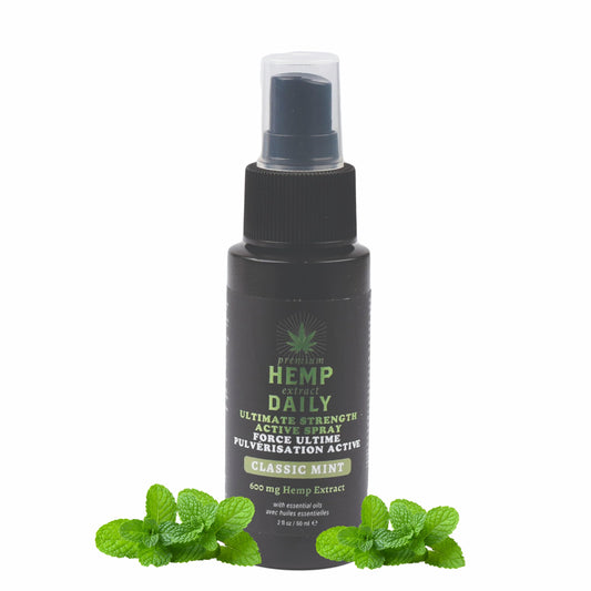 Earthly Body Hemp Daily Ultimate Strength Spray bottle for quick, mess-free application.