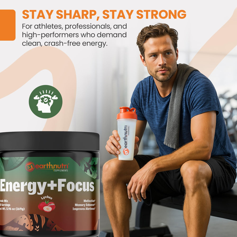 EarthNutri Energy + Focus Powder recommended pre-workout use for sustained energy and focus.