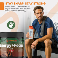 EarthNutri Energy + Focus Powder recommended pre-workout use for sustained energy and focus.