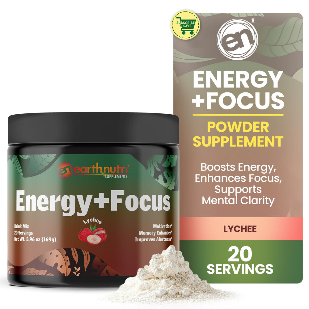 EarthNutri Energy + Focus Powder tub with lychee flavor for a refreshing energy boost.