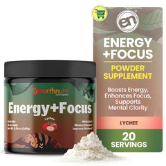 EarthNutri Energy + Focus Powder tub with lychee flavor for a refreshing energy boost.