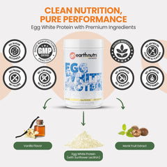 EarthNutri egg white powder being poured into a glass.