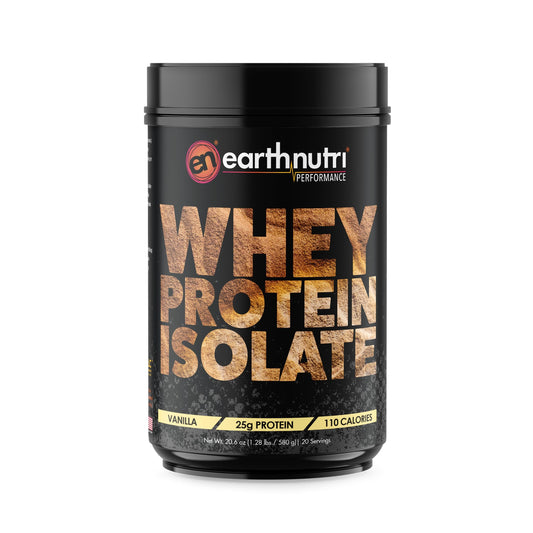 EarthNutri Whey Isolate powder jar showing 25g protein per serving for muscle support.