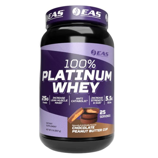 EAS 100% Platinum whey bottle for post-workout recovery.