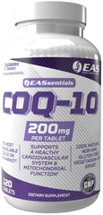 EAS COQ-10 200mg bottle front shows gluten-free and non-GMO labeling.