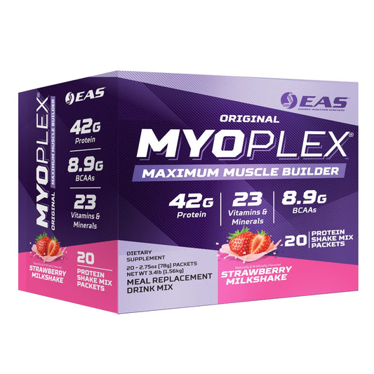 EAS Myoplex bottle with strawberry milkshake flavor ready for a post-workout shake