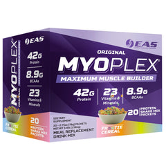 EAS Myoplex bottle pour showing protein-packed meal replacement for post-workout recovery