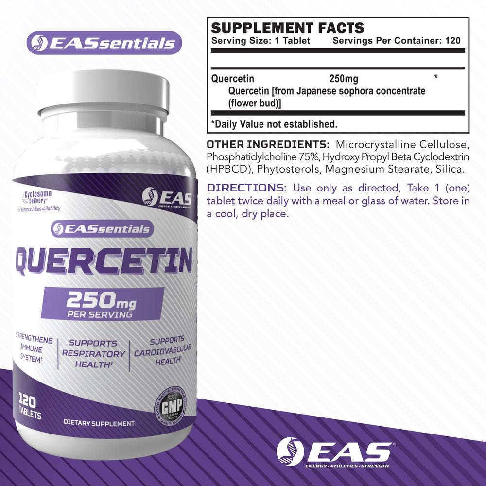 EAS Quercetin 250mg bottle side label highlighting gluten-free and non-GMO claims