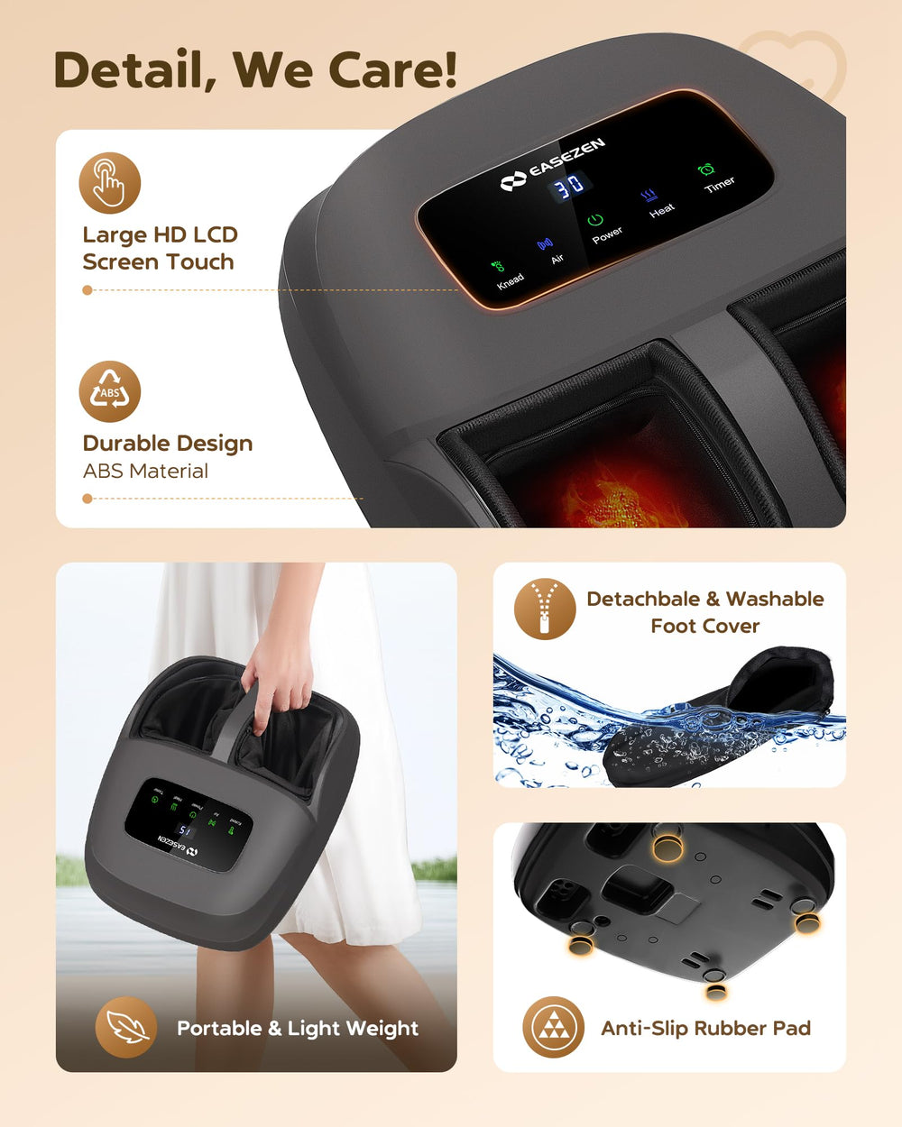 Enlarged foot room of the EaseZen massager fitting larger feet up to size 14