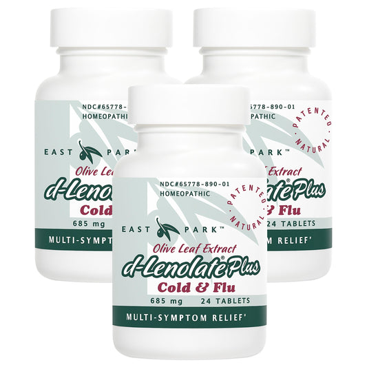 East Park d-Lenolate Plus bottle front, suggesting fast relief during seasonal health challenges.