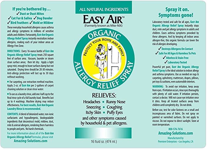 16 oz Easy Air Organic Allergy Relief Spray bottle on a table