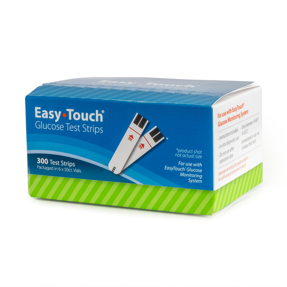 Easy Touch glucose test strips in a 300-count box for home testing.