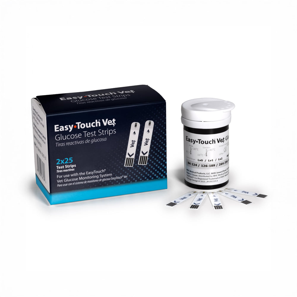 Easy Touch Pet Glucose Test Strips box for at-home testing with fast results.