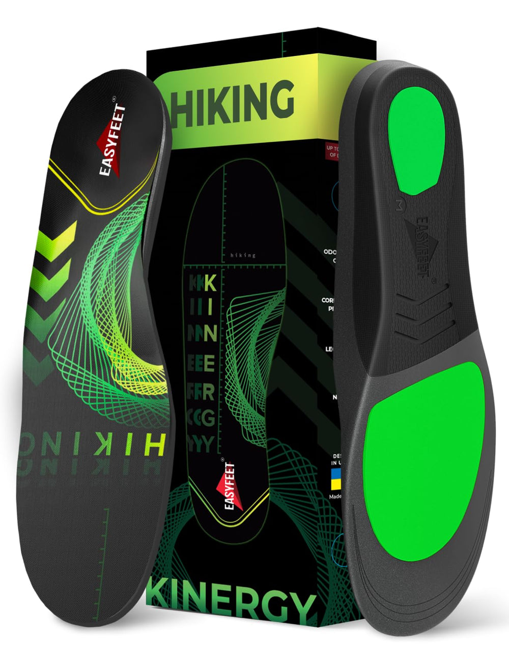 EASYFEET Kinergy arch-support insole offers stabilizing comfort for rugged trail hikes.