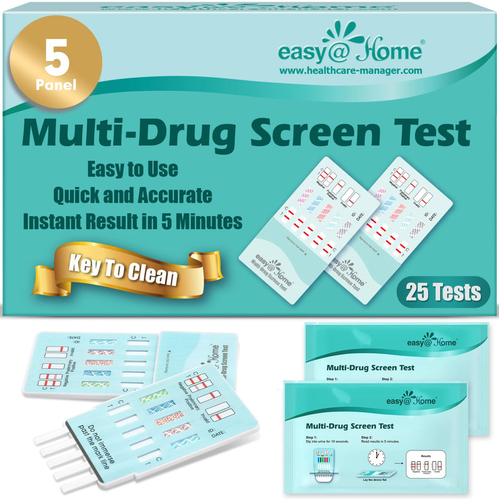 Easy@Home 5-panel test kit box front view for quick home screening.