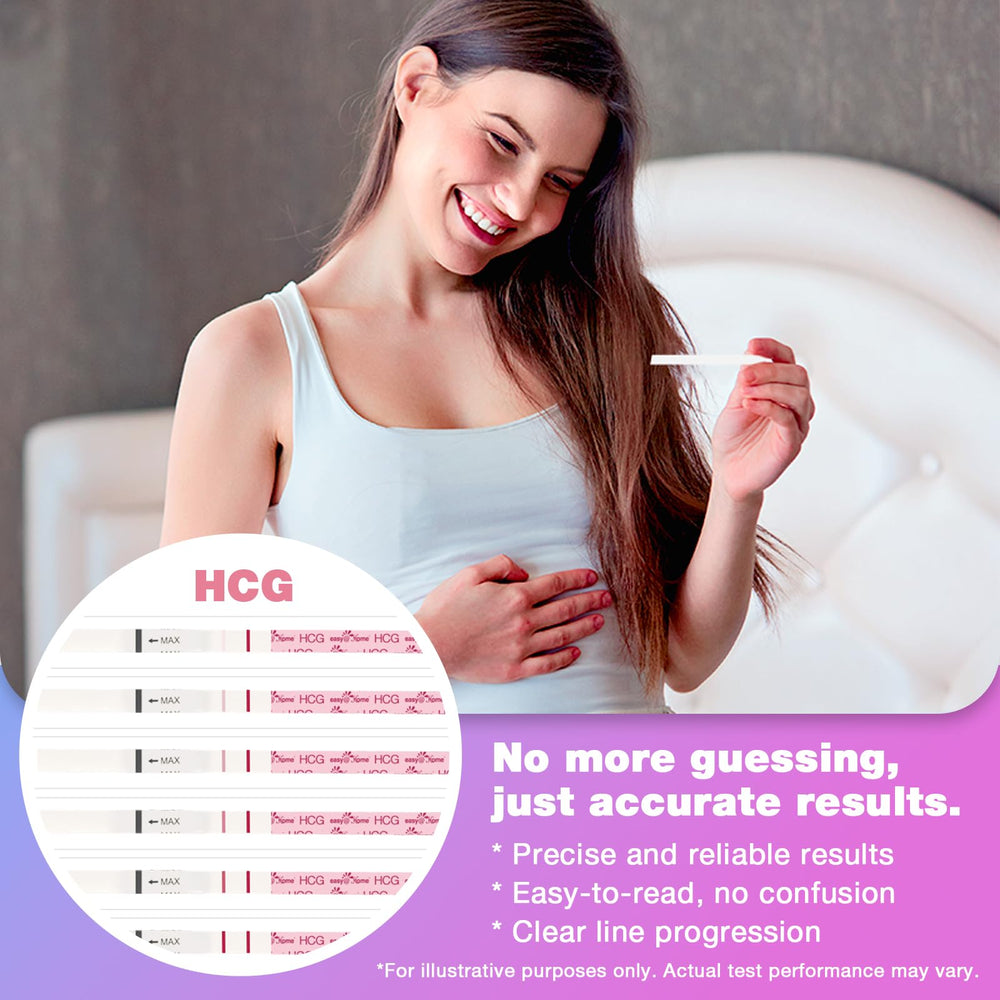 Easy@Home pregnancy test strip shows two lines when pregnancy is possible
