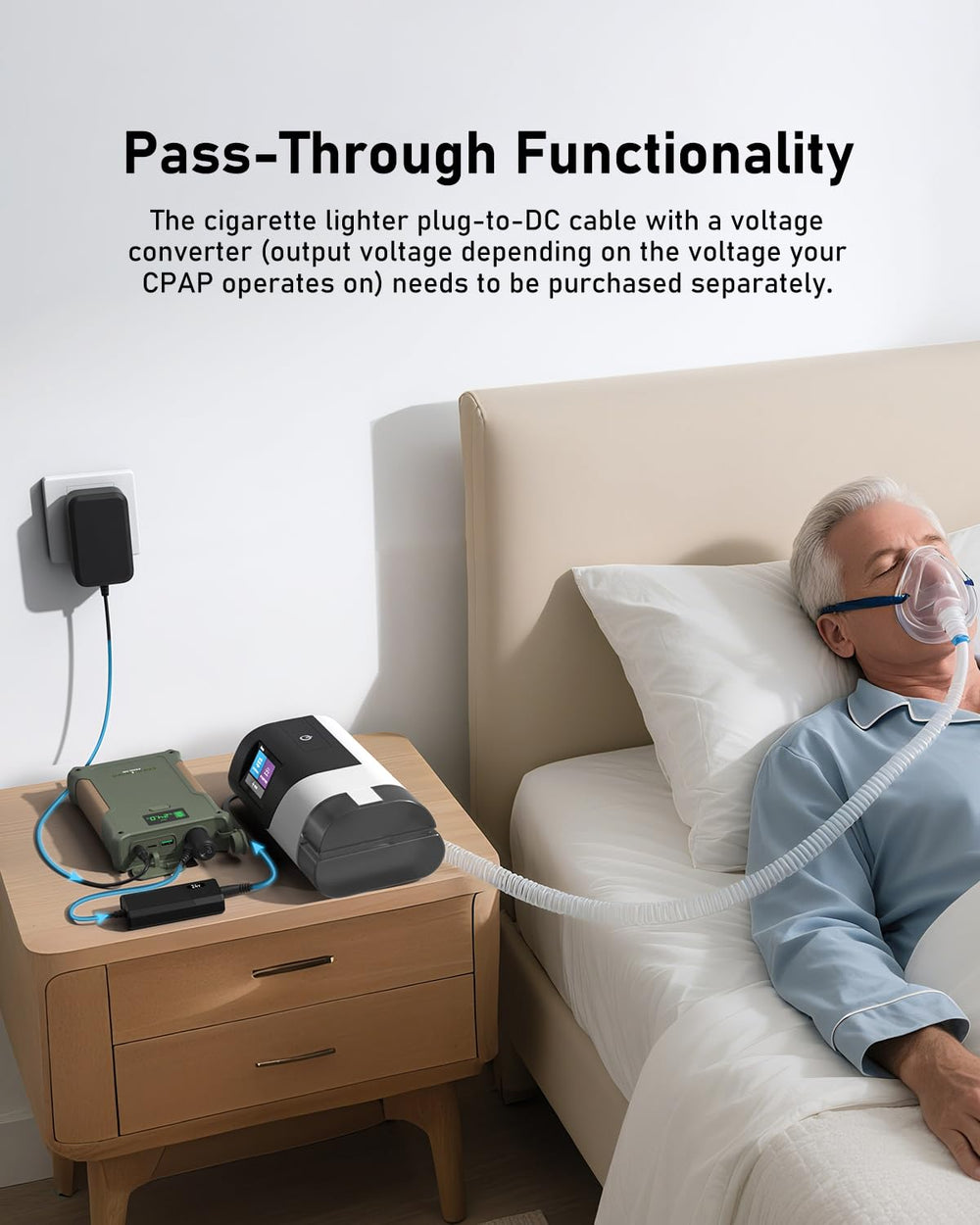 EASYLONGER ES400 pass-through charging keeps CPAP running during recharge.