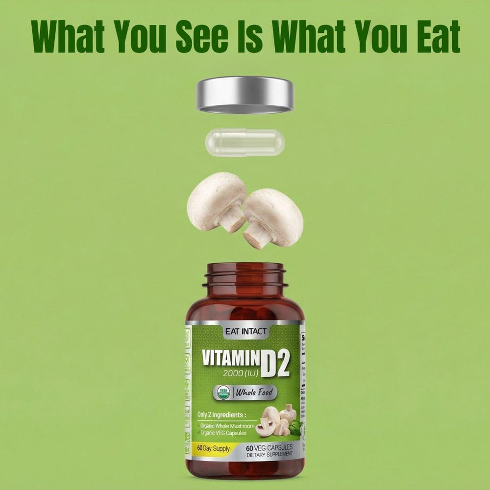 Eat Intact label close-up highlighting organic mushroom source and vegan capsule
