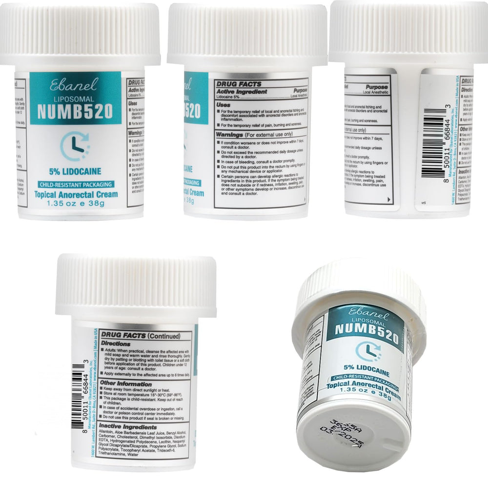 Child resistant cap on Ebanel lidocaine cream bottle for safety.