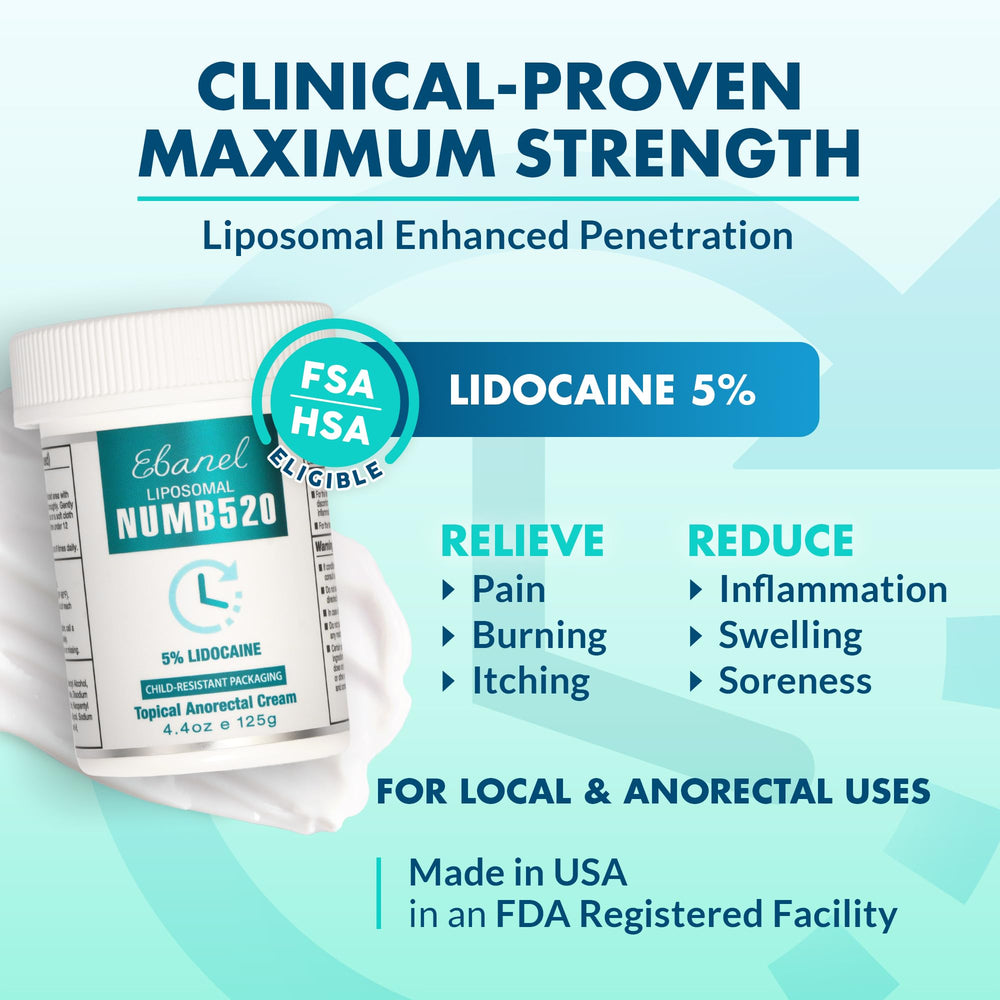 Ebanel 5% lidocaine numbing cream application swatch shows quick relief potential.