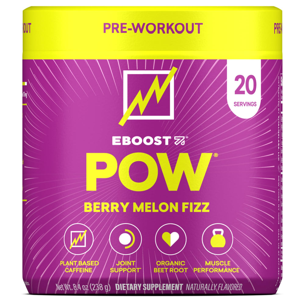 EBOOST POW Berry Melon Fizz bottle pour for an energizing pre-workout boost