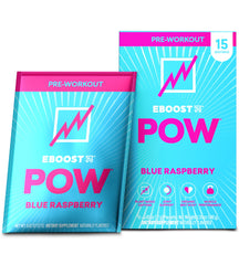 EBOOST POW blue raspberry packet ready for a workout boost.