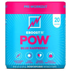 EBOOST POW Blue Raspberry tub for a natural pre-workout energy boost.