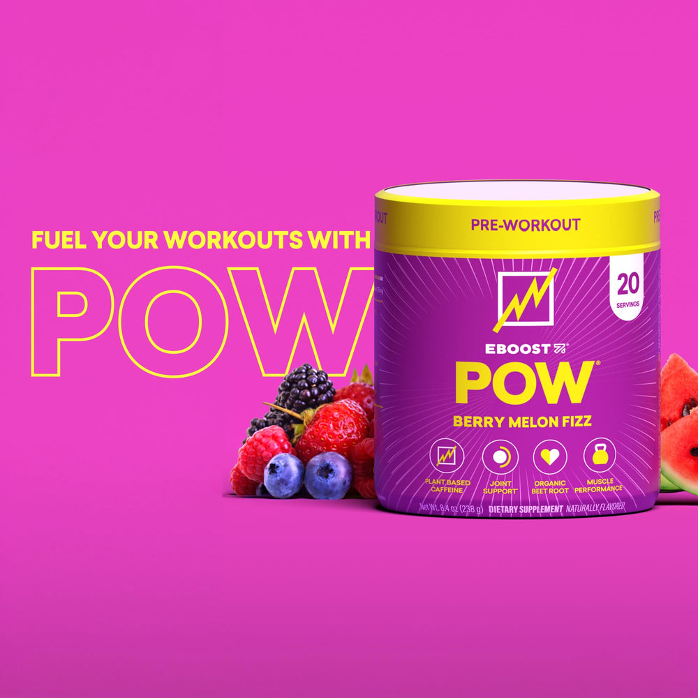 EBOOST POW packaging highlights non-GMO gluten-free and vegetarian formula