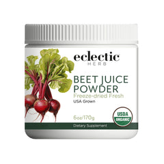 Eclectic Institute Beet Juice Powder bottle showcases premium organic supplement for daily wellness.