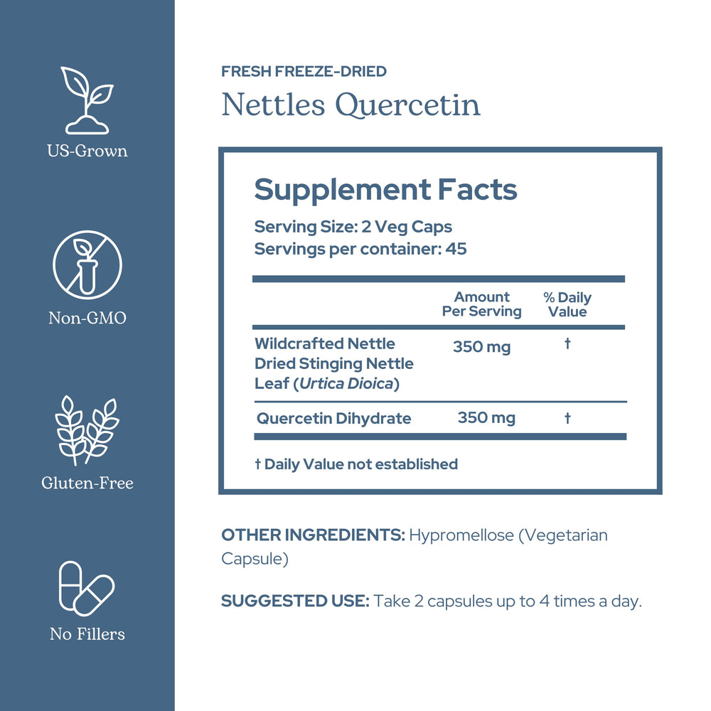 Eclectic Institute Eclectic Herb Nettle Quercetin capsules pack highlights vegan non-GMO formula.