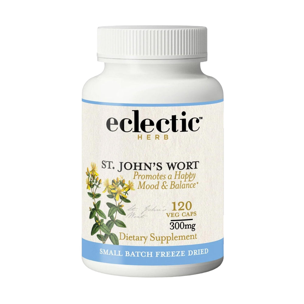 Eclectic Institute St. John's Wort capsules bottle offers convenient daily mood and immune support.