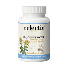 Eclectic Institute St. John's Wort capsules bottle showing product branding and dosage context
