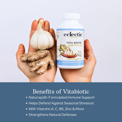 Eclectic Institute Vitabiotic ingredients list featuring echinacea and garlic for immune resilience.